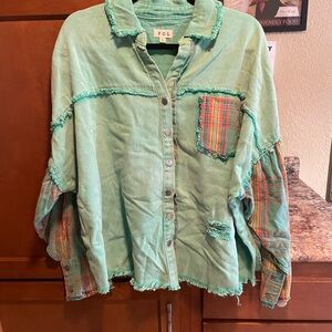 POL Teal Frayed Collar Shirt
